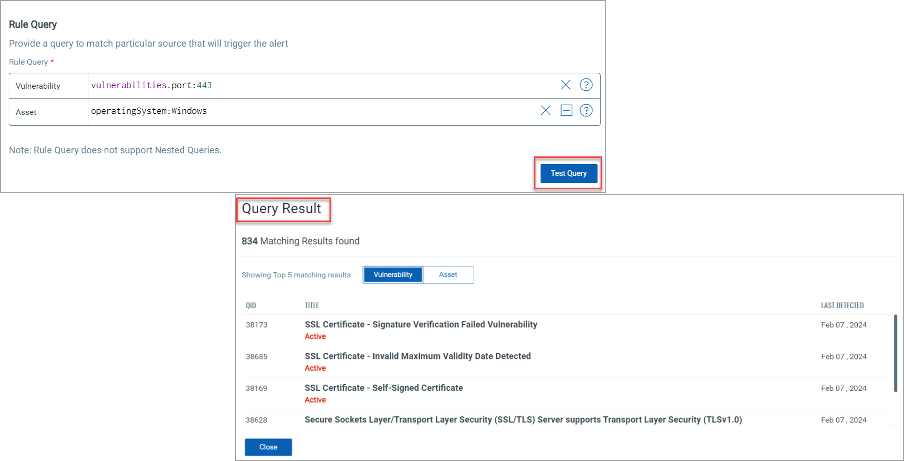 Result generated after you click Test Query.