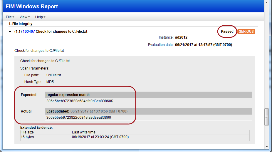 File Integrity check in report with Passed status