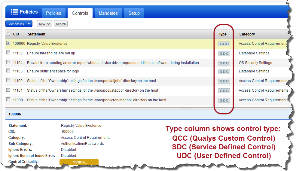 Controls list with type column showing QCC and SDC