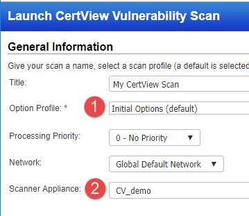 CertView Scan Settings: Option Profile and Scanner Appliance